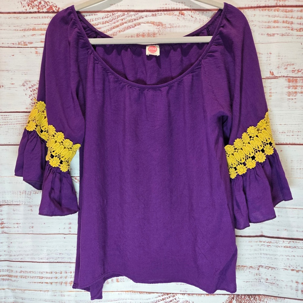 J&M Clothing Co Purple Gold Bell Sleeve Crochet Lace Top Women's Med/Large Boho